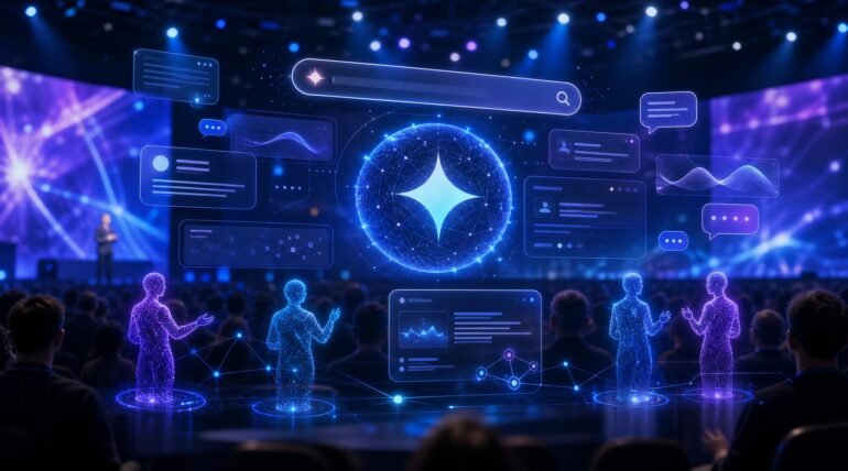 Conferencia tecnológica sobre Google I/O 2026, búsqueda con inteligencia artificial y Gemini