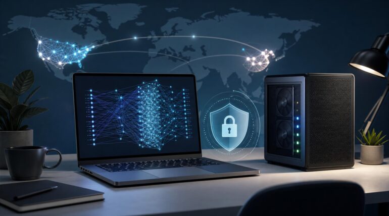 Ilustración editorial sobre IA local, modelos abiertos, privacidad y Silicon Valley