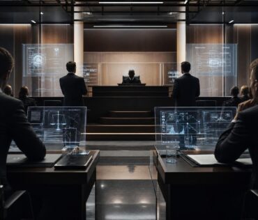 Sala de tribunal moderna en un juicio tecnológico sobre inteligencia artificial