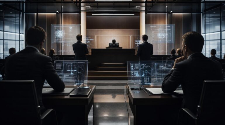 Sala de tribunal moderna en un juicio tecnológico sobre inteligencia artificial