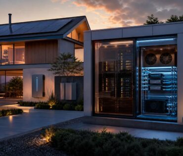 Casa moderna con mini centro de datos de inteligencia artificial instalado en el exterior