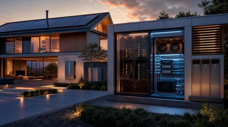 Casa moderna con mini centro de datos de inteligencia artificial instalado en el exterior