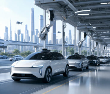 Imagen destacada generada con IA: Xpeng inicia la producción de sus robotaxis: China acelera la carrera hacia flotas autónomas reales