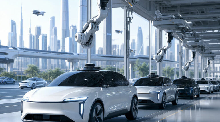 Imagen destacada generada con IA: Xpeng inicia la producción de sus robotaxis: China acelera la carrera hacia flotas autónomas reales