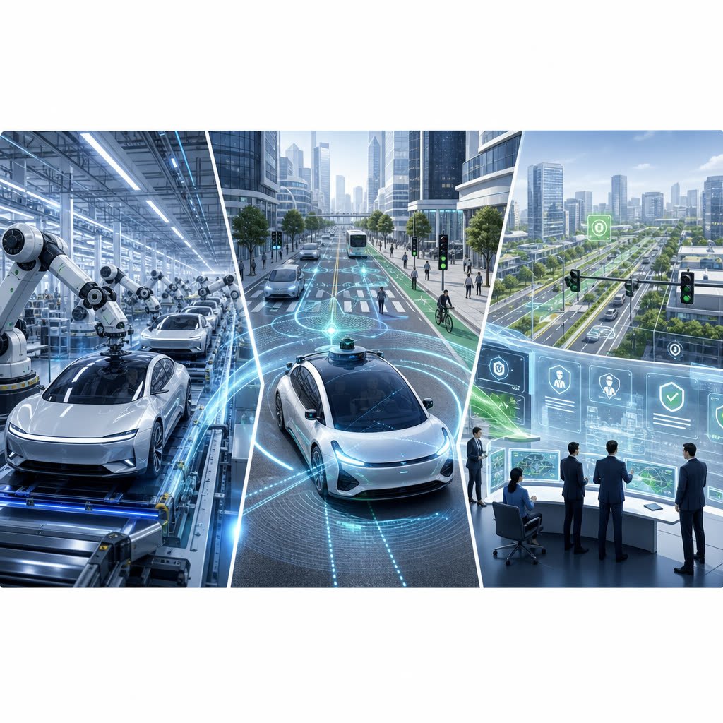 Infografía generada con IA de Xpeng inicia la producción de sus robotaxis: China acelera la carrera hacia flotas autónomas reales